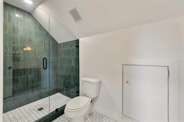 a bathroom with a shower and a toilet