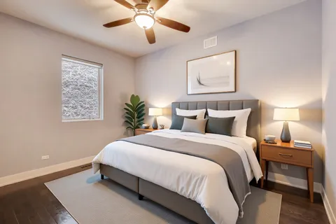 a bedroom with bed and paintings on the wall