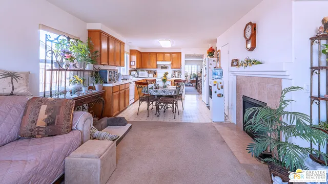 a living room with fireplace furniture and a potted plant