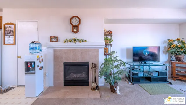 a living room with furniture a fireplace and a potted plant