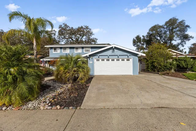 a view of a house with a yard and a large tree