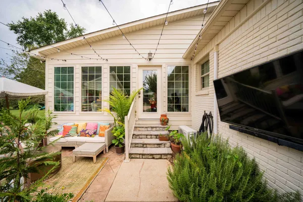 a garden view with a seating space