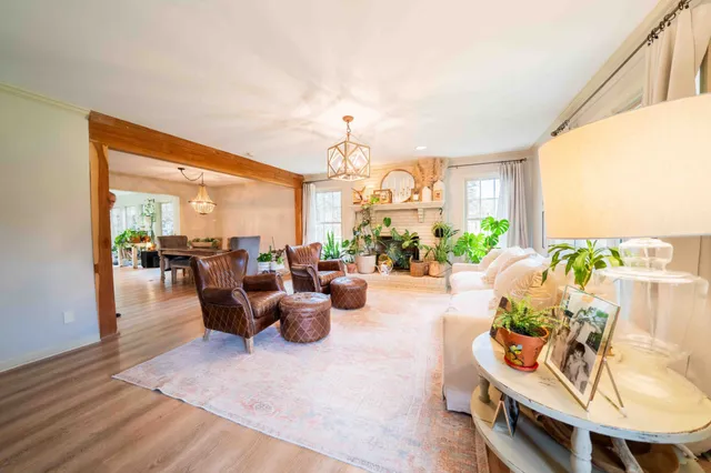 a dining room with furniture potted plants and wooden floor