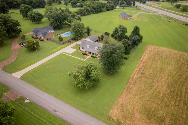 a view of a swimming pool with a yard