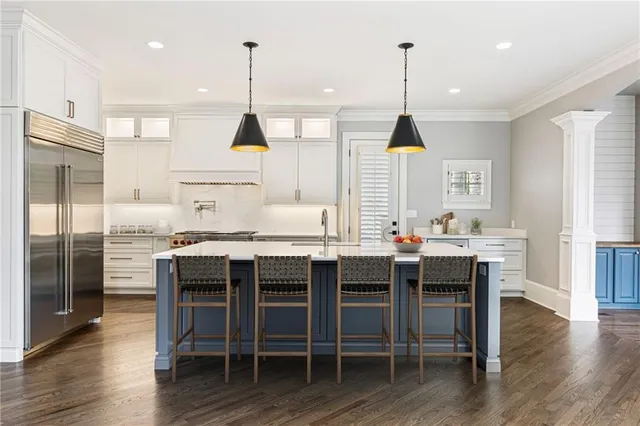 a view of a chandelier in a room