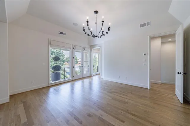 a view of a chandelier in a room