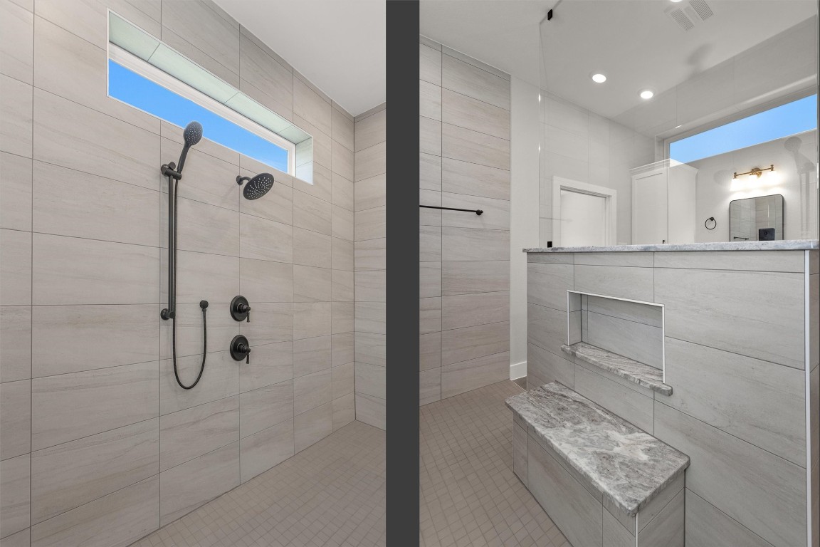 12744 Oak Barrel Road Willis, TX 77378 - Photo 26 of 50 The primary bath offers a spa-like retreat highlighted by an expansive walk-in shower with dual entry for both convenience and elegant design. The split image beautifully captures the thoughtful layout — showcasing the sleek plumbing fixtures on one side and a built-in niche on the other, perfectly designed to hold shampoo and bath essentials while keeping the space clean and uncluttered.