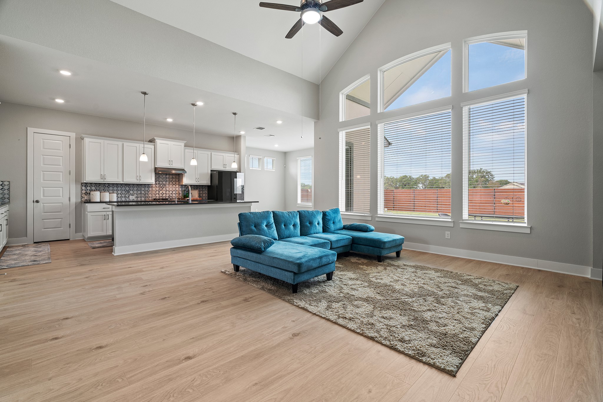 2112 Tobiano Trace Georgetown, TX 78633 - Photo 6 of 40 Living area with high vaulted ceiling, light wood-style flooring, plenty of natural light, and a ceiling fan