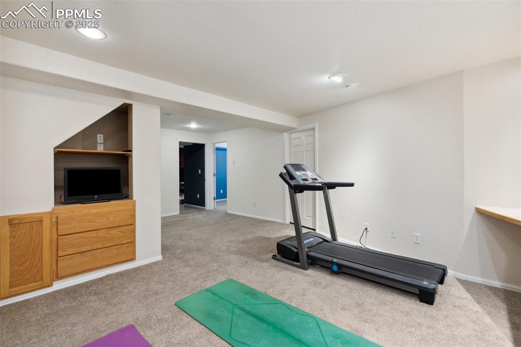 8518 Bohleen Road Peyton, CO 80831 - Photo 32 of 44 a view of a room with gym equipment and a flat screen tv