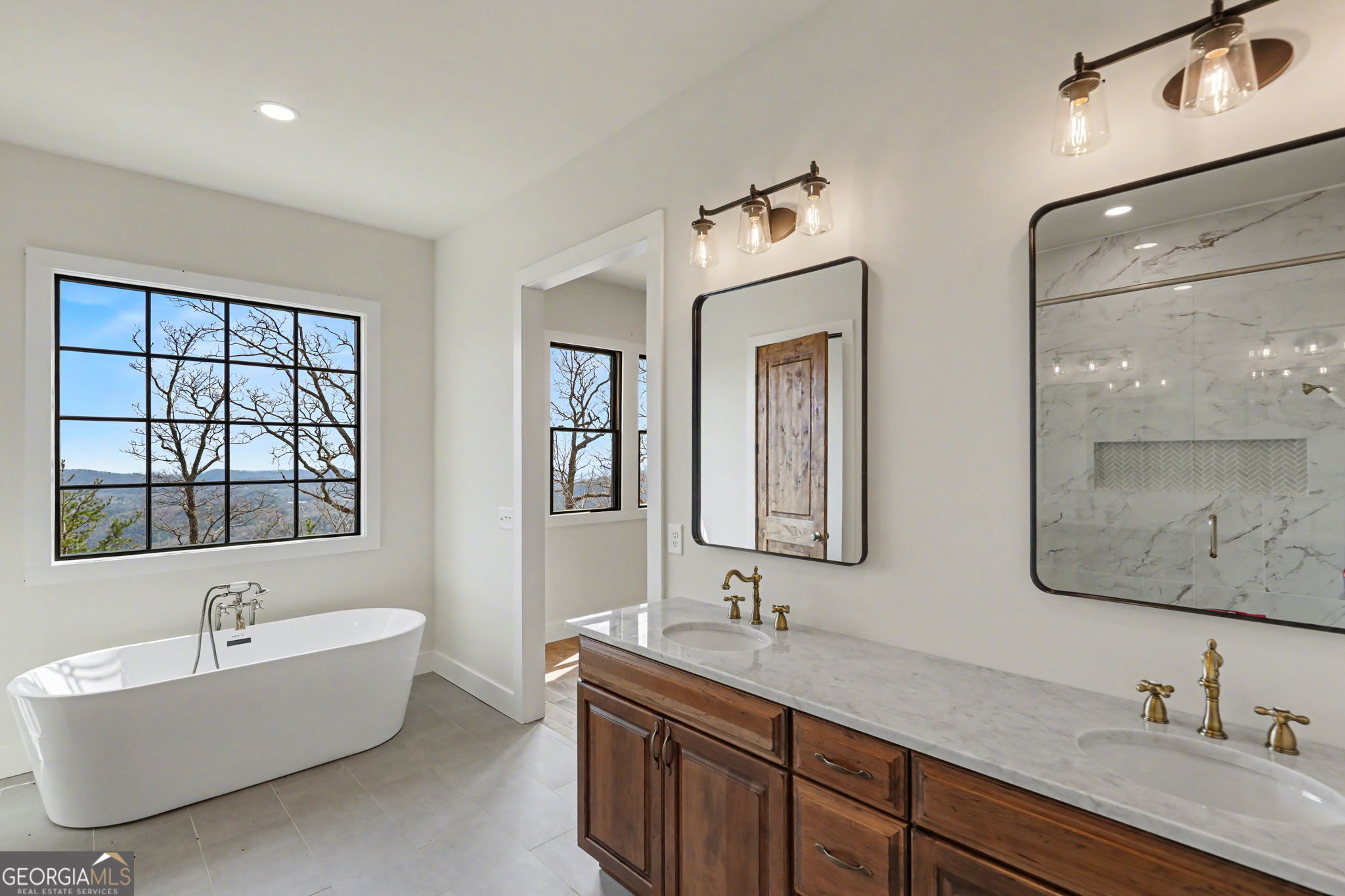 416 Winding View Clayton, GA 30525 - Photo 34 of 61 a bathroom with a granite countertop tub sink double vanity granite and mirror
