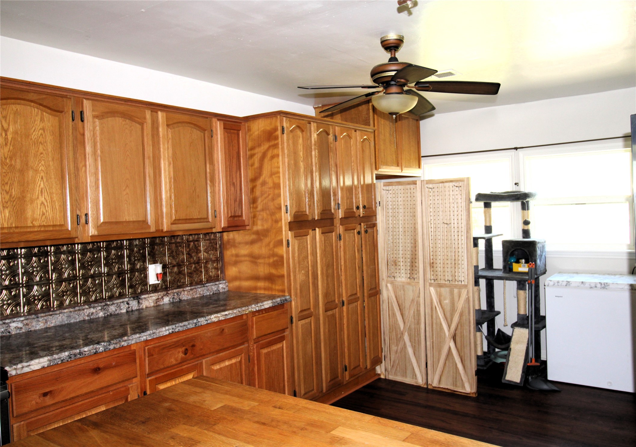 303 North 9th Street Beasley, TX 77417 - Photo 14 of 41 This kitchen includes a ceiling fan for ventilation and ample natural light from large windows. There's a folding screen and a cat tree, adding versatility and pet-friendly features to the space.