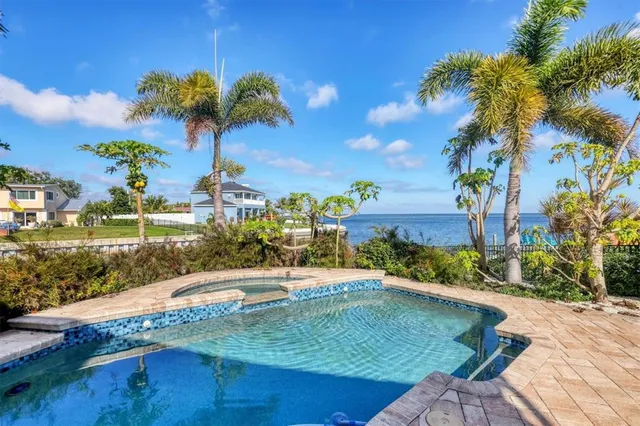 a view of a lake with a palm tree