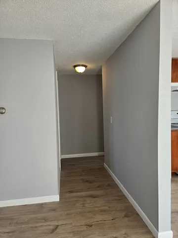 a view of hallway with wooden floor