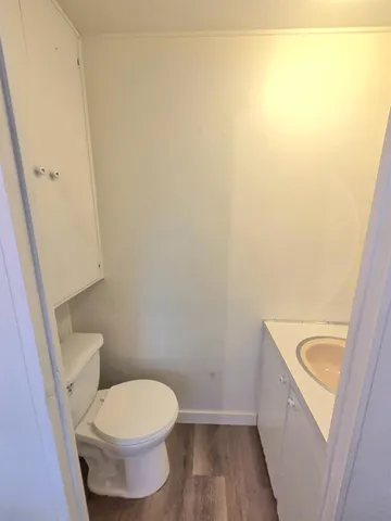 a white toilet sitting next to a sink and vanity