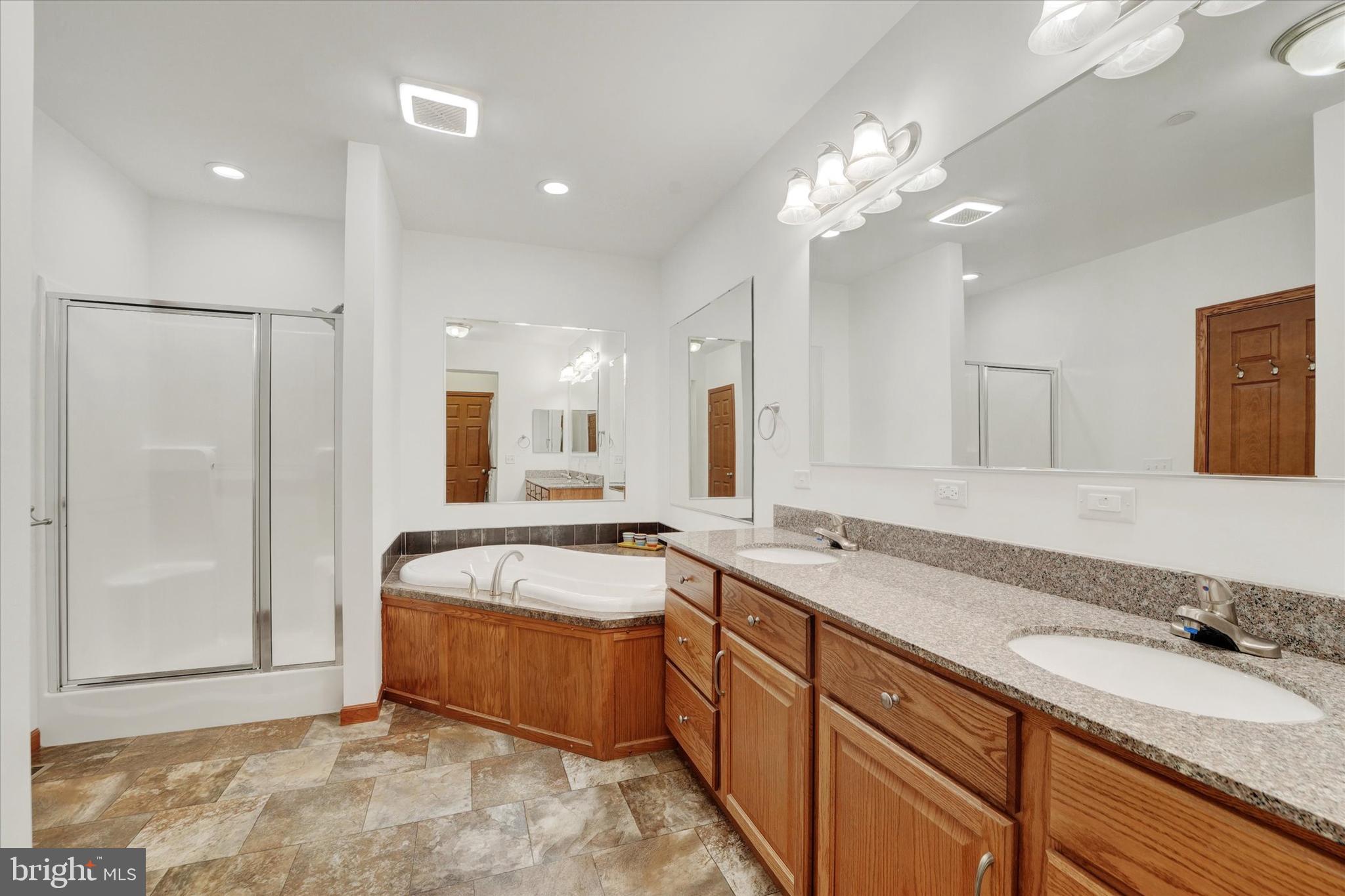 249 Floral Way Rising Sun, MD 21911 - Photo 49 of 65 a spacious bathroom with a granite countertop sink a toilet a mirror and shower