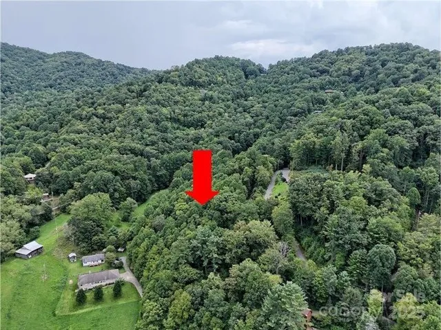 a aerial view of a house with a lush green forest