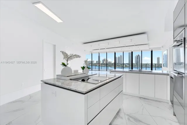 a kitchen with stainless steel appliances granite countertop a sink and a white cabinets