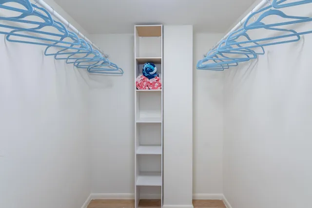 a view of walk in closet with empty racks