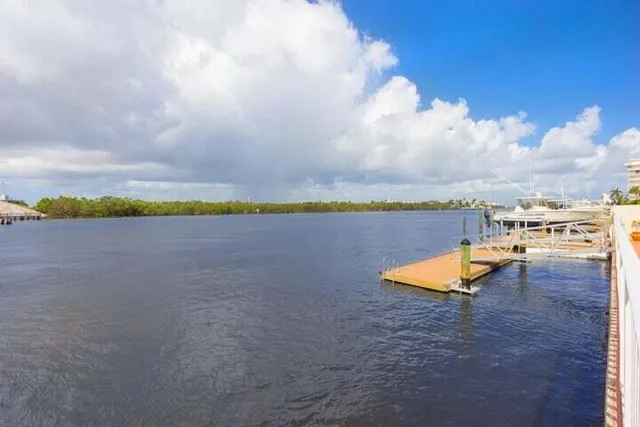 a view of a lake with houses in the back