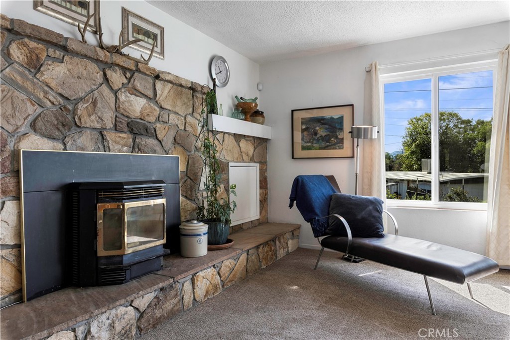 2800 Merced Street Nice, CA 95464 - Photo 12 of 49 living room with pelet stove and stone mantle