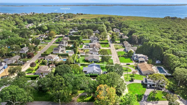 an aerial view of residential houses with outdoor space and trees