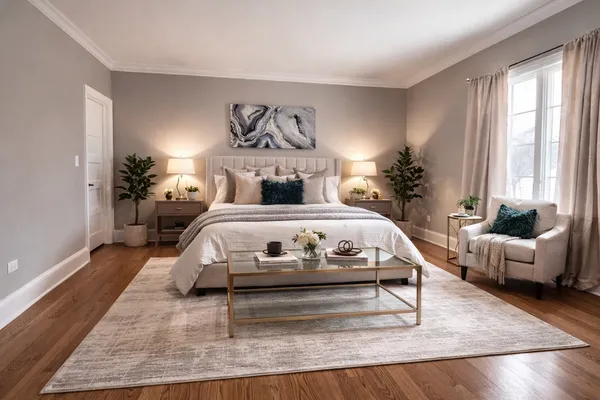 a bedroom with a large bed and a couch