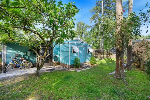 an outdoor space with seating