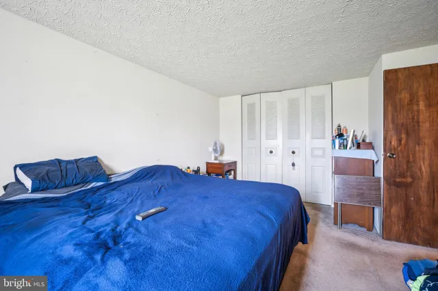 a spacious bedroom with a bed and a closet