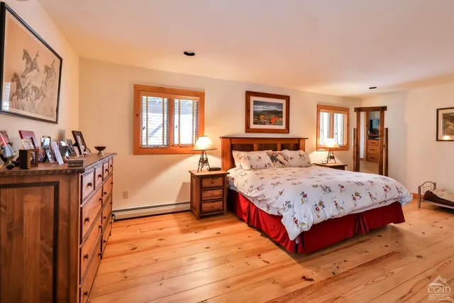 a bedroom with a bed and a view of living room