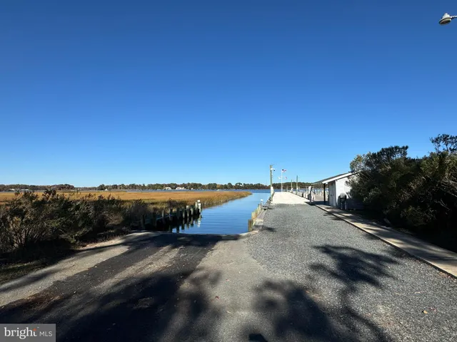 a view of a lake with boats and trees in the background