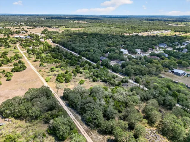 an aerial view of a residential houses with outdoor space and trees