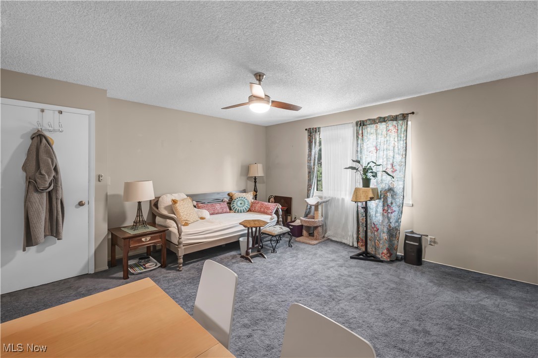 736 Hampton Ridge Drive Akron, OH 44313 - Photo 26 of 43 Living room featuring carpet flooring, a textured ceiling, and ceiling fan