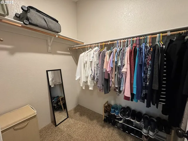 a view of walk in closet with clothes and shoes
