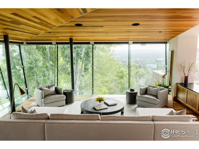 a living room with furniture and a floor to ceiling window