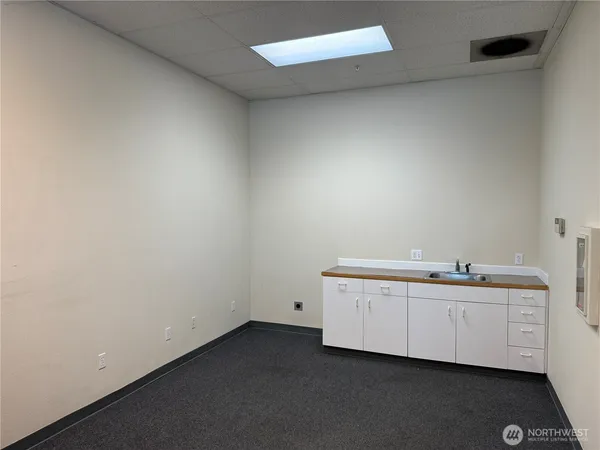 a room with a sink and cabinets