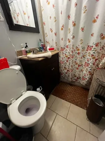 a bathroom with a sink toilet and mirror