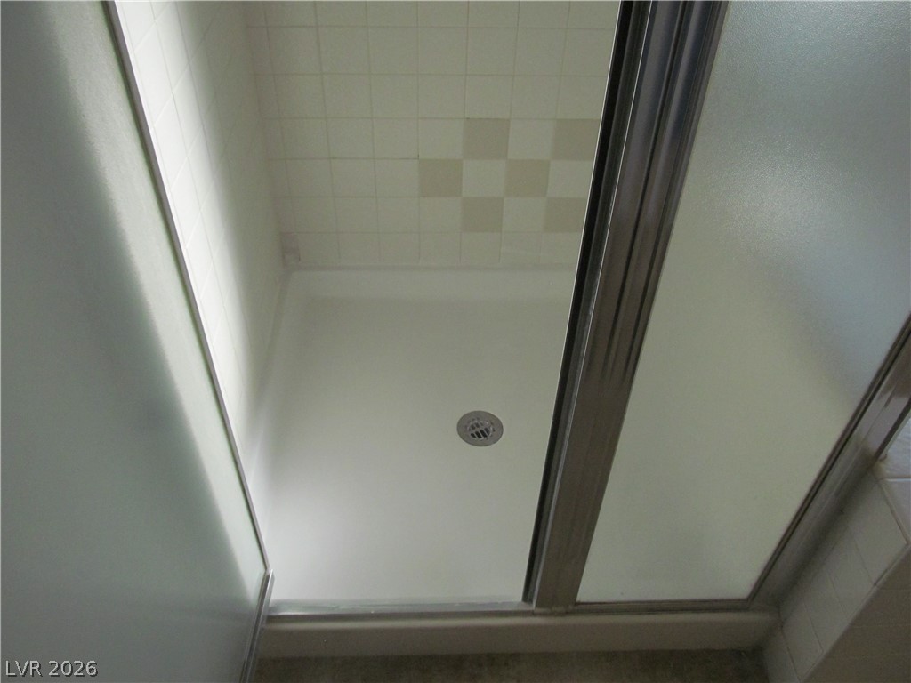 8701 Crescent Ridge Lane Las Vegas, NV 89134 - Photo 22 of 28 A well-maintained walk-in shower features frosted glass doors, offering both privacy and light.