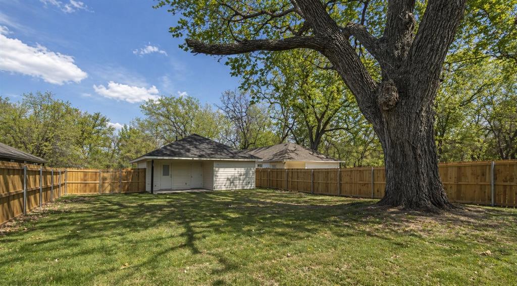 212 East Walker Street Denison, TX 75021 - Photo 12 of 12 Large backyard featuring a mature tree, manicured lawn, and wood privacy fencing.