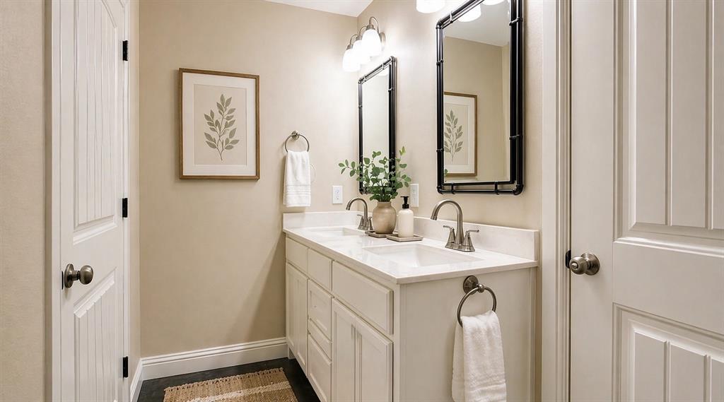212 East Walker Street Denison, TX 75021 - Photo 5 of 12 Double vanity with white cabinetry and integrated sinks. Furniture shown is for illustrative purposes only (virtual staging)