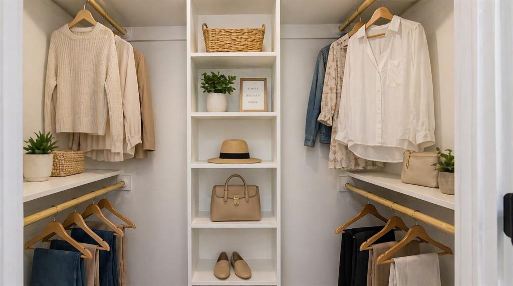 212 East Walker Street Denison, TX 75021 - Photo 7 of 12 Built-in closet system featuring white shelving, multiple hanging rods, and shelving. Furniture shown is for illustrative purposes only (virtual staging)