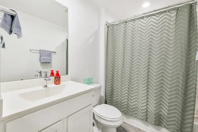 a bathroom with a sink a toilet and shower curtain
