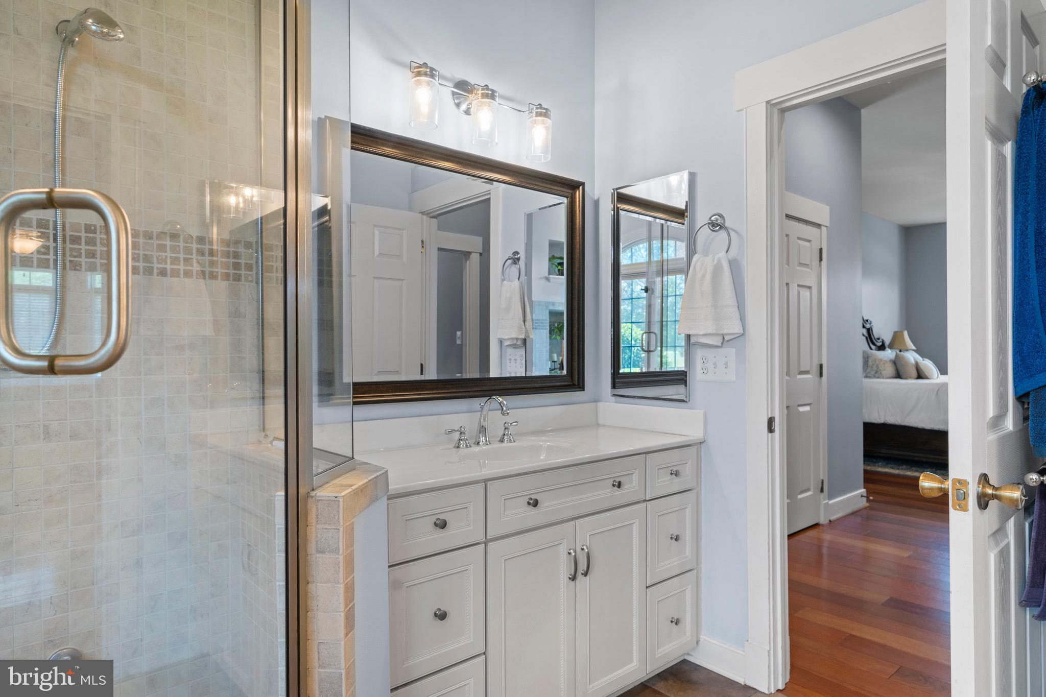 4160 Chaneyville Road Owings, MD 20736 - Photo 35 of 98 a bathroom with a granite countertop sink a mirror and a shower