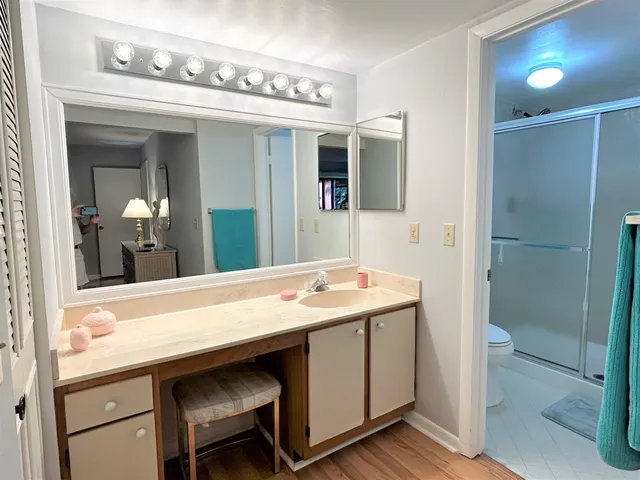 a bathroom with a shower and a toilet