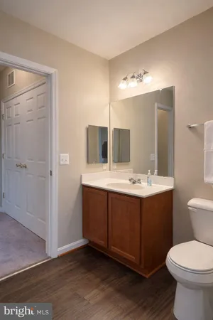 a bathroom with a double vanity sink mirror and toilet