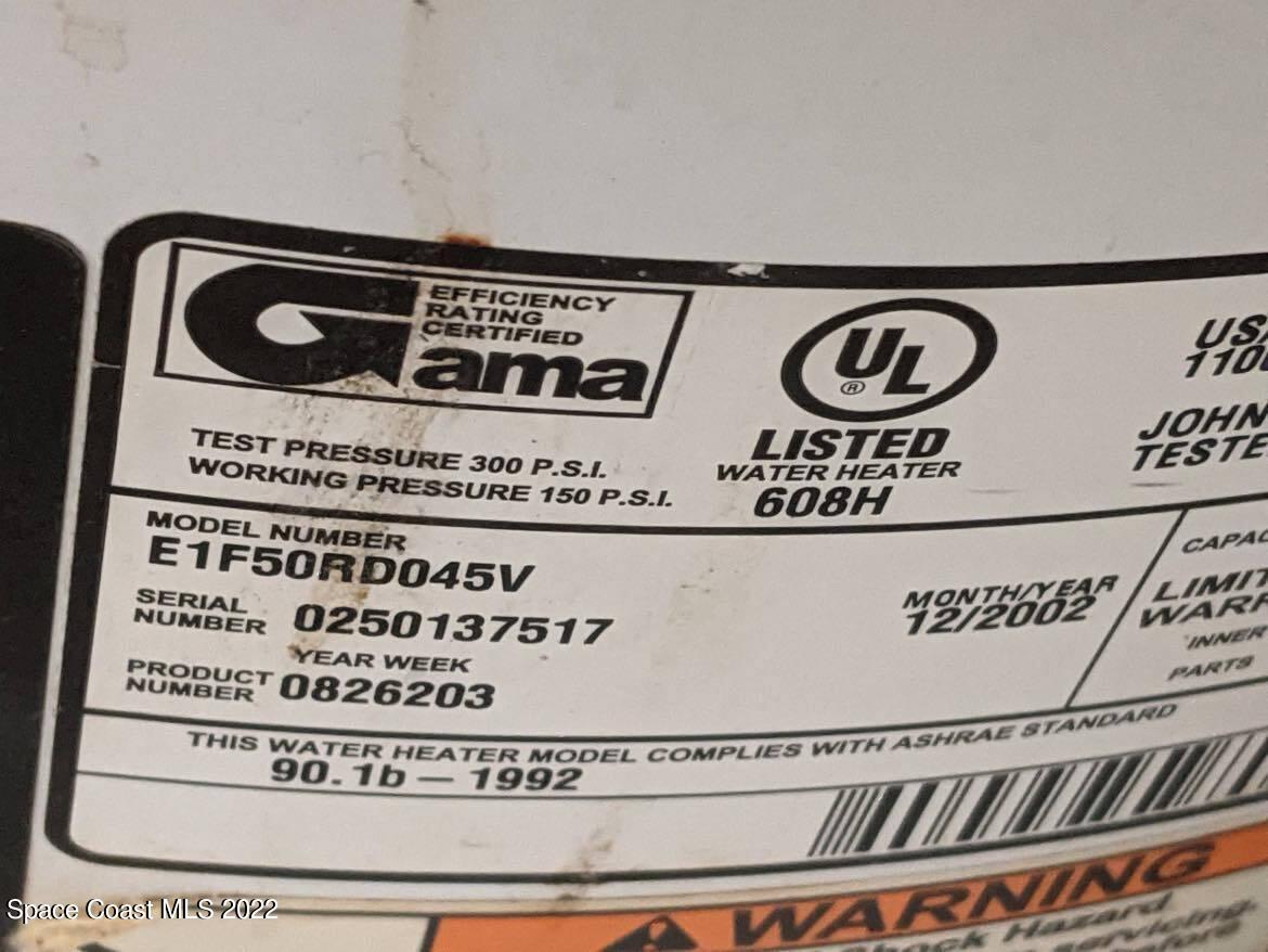 6349 Hunt Road Cocoa, FL 32927 - Photo 35 of 38 Hunt Water Heater Sticker