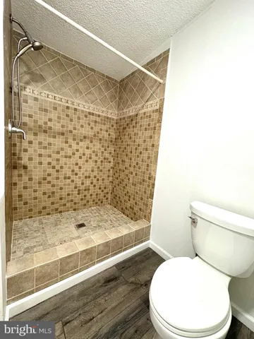 a bathroom with a toilet and shower