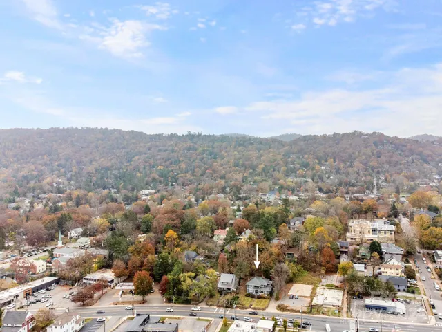 an aerial view of residential houses with outdoor space and trees