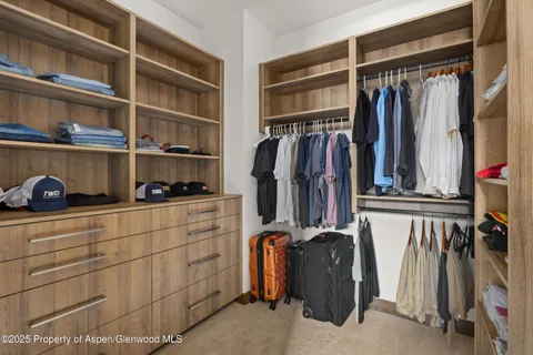 a view of walk in closet with clothes and shoes
