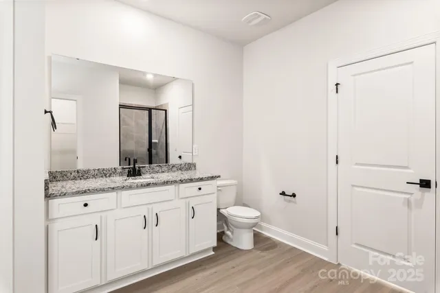 a bathroom with a granite countertop sink a toilet and a mirror