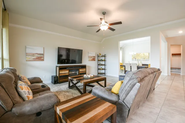 a view of a dining room with furniture